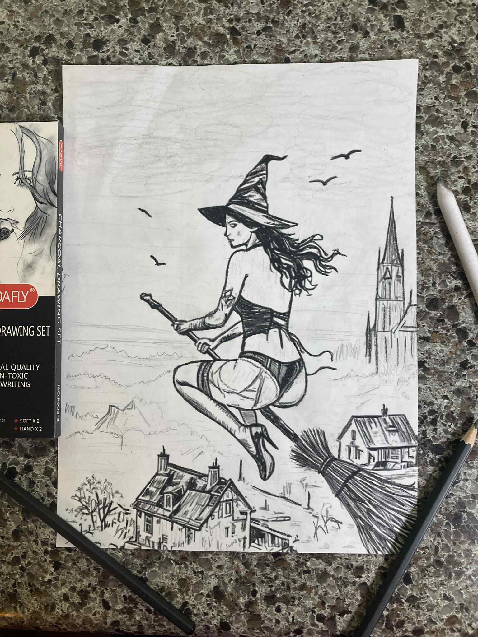 A Gift from the Witch Mistress "Witch riding a Broom" Drawing by Ms. Krista
