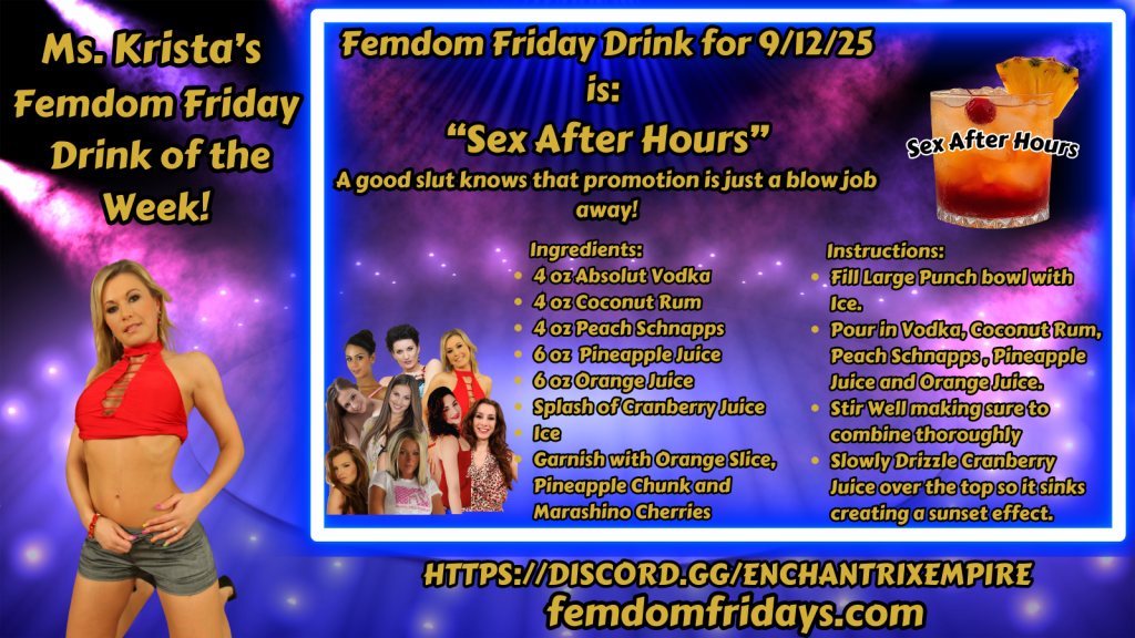 Krista's Drink of the Week - FemDom Fridays Cocktail Recipes Femdom Friday Drink for 09/12/25 "Sex After Hours"