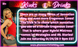 Kinks & Drinks show information graphic for 01/24/2026 Discovering the Art of Sensation Play: Overloading Your Partner's Erogenous Zones! Episode #17