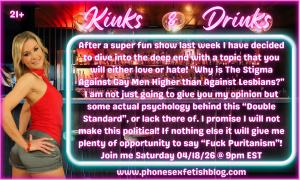 Kinks & Drinks show information graphic for 04/18/2026 Why is The Stigma Against Gay Men Higher than Against Lesbians? #29