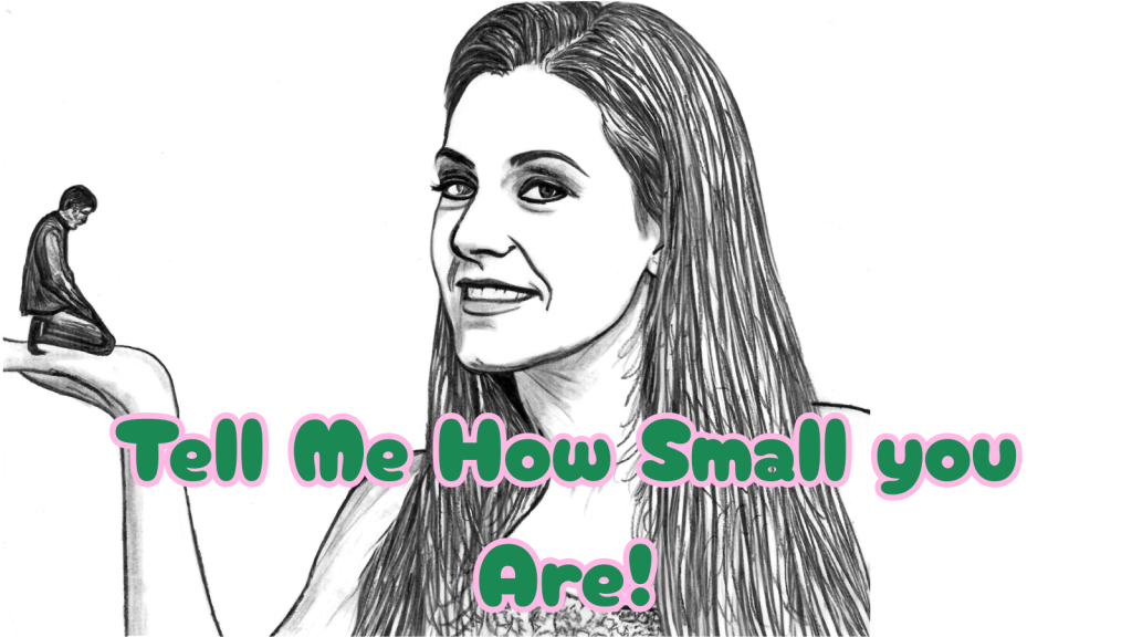 A Giantess Mistress Story: The End of an Ego-Tell me how small you are! image of Giantess holding a little man kneeling